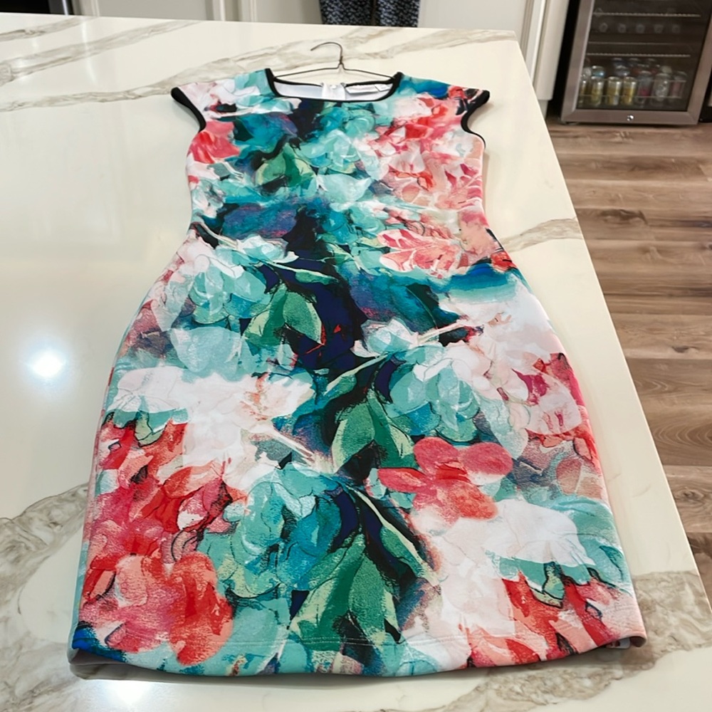 Body, hugging, eye-catching colors, dress size 4. It’s about knee length..